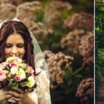 Verträumtes Hochzeitsbild mit Blumen aus dem Park.